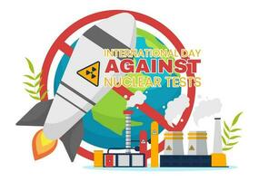 Internationale dag tegen nucleair tests vector illustratie Aan augustus 29 met verbod teken icoon, aarde en raket bom in hand- getrokken Sjablonen