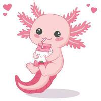 kawaii axolotl drinken aardbei melk thee tekenfilm vector illustratie