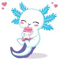 kawaii axolotl drinken aardbei melk thee tekenfilm vector illustratie