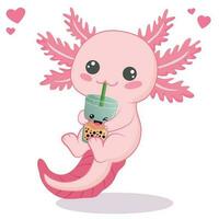 kawaii axolotl drinken boba melk thee tekenfilm vector illustratie