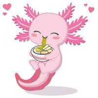 kawaii axolotl aan het eten ramen noodle tekenfilm vector illustratie