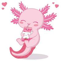 kawaii axolotl drinken aardbei melk thee tekenfilm vector illustratie