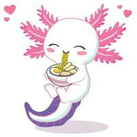 kawaii axolotl aan het eten ramen noodle tekenfilm vector illustratie