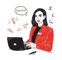 een meisje vrouw in voorkant van een laptop ontwikkelt een bedrijf. reeks van bedrijf artikelen. bedrijf concept.vector illustratie. vector