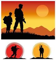 militaire soldaten met geweren silhouetten figuren zonsondergangscène vector