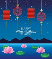 vrolijke mid herfst festivalkaart met lantaarns die in het meer hangen vector
