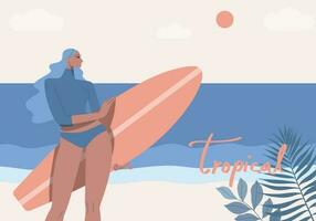 jong vrouw in zwemmen pak staand met surfboard Aan de strand. vector ontwerp illustratie.