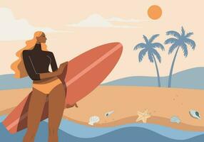 jong vrouw in zwemmen pak met Holding surfboard Aan de strand. vector ontwerp illustratie.