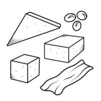 tofu met kubus, driehoek, tofu huid, en soja bonen zwart en wit icoon vector reeks illustratie geïsoleerd Aan plein wit achtergrond. gemakkelijk vlak minimalistische geschetst tekenfilm kunst stijl voedsel tekening.