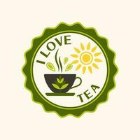 etiket met heet thee mok , zon en tekst ik liefde thee. gemakkelijk meetkundig stijl. vector