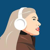 portret van blond vrouw luisteren naar muziek- met koptelefoon. kant visie. geschikt voor avatar, sociaal media profiel, afdrukken, enz. vlak vector grafiek.