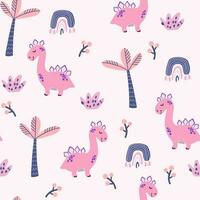 schattig dinosaurussen naadloos patroon. kinderen patroon met dino's, palmen en bessen. perfect voor mode kleren, shirt, stoffen, textiel. Scandinavisch ontwerp. vector kinderen roze dino achtergrond voor meisjes