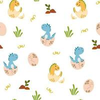 weinig draak naadloos patroon. tekenfilm baby schattig dinosaurus uitgebroed van een ei. kinderen achtergrond voor kleding stof, textiel, scrapbooking en meer. vector illustratie