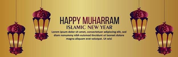 happy muharram viering banner met creatieve lantaarn vector