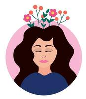 meisje met bloemen in haar hoofd. psychologie en zelfvertrouwen. mentaal Gezondheid prioriteit. binnenste vrede. vlak vector illustratie.