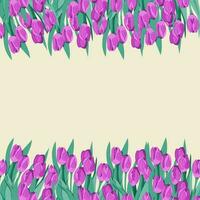 vector banier met bloemen kader sjabloon. geïsoleerd vlak Purper tulpen. horizontaal samenstelling met tekst ruimte Aan beige achtergrond. bruiloft uitnodiging bloemen ontwerp, web banier voor verkoop of kortingen