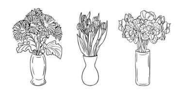 hand- getrokken single lijn boeketten van bloemen in vazen. vector geïsoleerd gerbera's, tulpen en narcissen. uniek schetsen illustratie. perfect voor kleur Pagina's, tatoeage, achtergrond, omhulsel papier, grens