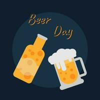 Internationale bier dag viering. de fles en een glas van bier is Aan donker blauw achtergrond in vlak stijl. verkoudheid drank voor kroeg en bar club. vector