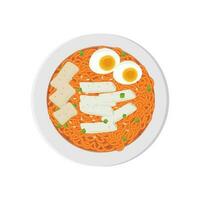 ramyeon rabokki illustratie logo met rijst- taart en odeng vis taart topping vector