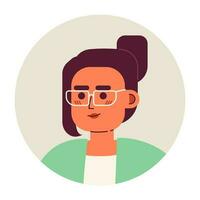 Europese vrouw in bril semi vlak vector karakter hoofd. brunette met bun kapsel. bewerkbare tekenfilm avatar icoon. gezicht emotie. kleurrijk plek illustratie voor web grafisch ontwerp, animatie