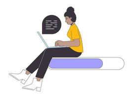 Afrikaanse Amerikaans meisje typen Aan laptop bezig met laden bar vlak ontwerp. positief programmeur werken. web lader ui ux. alstublieft wacht. grafisch gebruiker koppel. tekenfilm vector illustratie Aan wit achtergrond