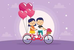 schattige kleine kinderen paar liefhebbers in fiets met helium ballonnen vector