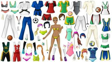 sport- 2 papier pop met zwemmen, krijgshaftig kunst, Amerikaans voetbal, handbal, water polo, schermen, basketbal apparatuur, kapsels en schoenen. vector illustratie