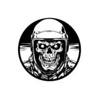 gespannen en intens logo ontwerp illustratie van een schedel zombie vervelend een fietser helm, combineren de elementen van verschrikking en motorfiets cultuur vector