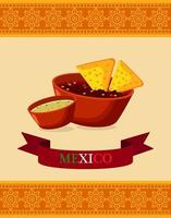 mexicaans eten restaurant poster met nacho's in sauzen en lint vector