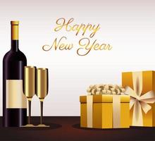 gelukkig nieuwjaar belettering kaart met gouden geschenken en champagne vector
