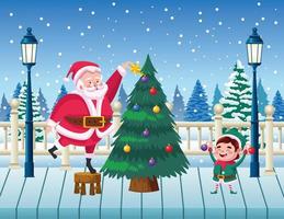 vrolijke vrolijke kerstkaart met kerstman en elf die dennenboom versieren vector