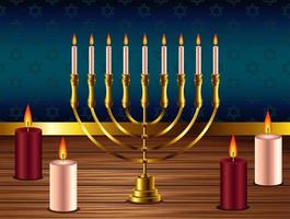 gelukkige hanukkah-viering met gouden kroonluchter en kaarsen vector