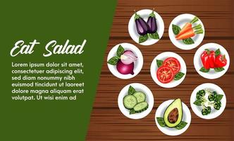 eet salade belettering poster met groenten in gerechten op houten achtergrond vector