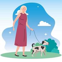 oude vrouw die met hond huisdier in het park loopt vector