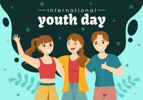 gelukkig Internationale jeugd dag vector illustratie met jong jongens en meisjes saamhorigheid in vlak tekenfilm hand- getrokken schattig achtergrond Sjablonen