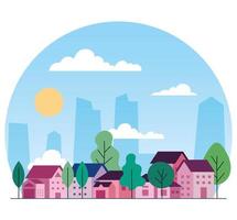 stadslandschap met huizen, bomen, wolken en zon vectorontwerp vector