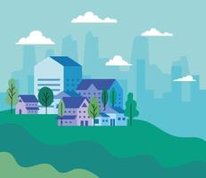 stadslandschap met huizen, bomen en wolken vectorontwerp vector