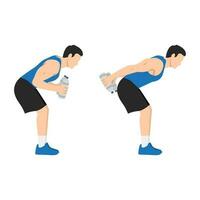 Mens aan het doen krom over- dubbele arm triceps smeergeld met water fles oefening. vector