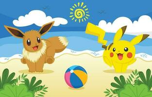 schattig geel muis en vriend spelen strand bal vector