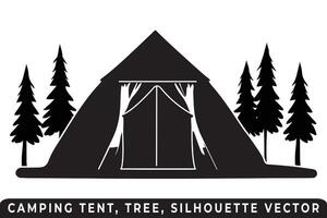 camping tent silhouet vector, tent en boom vector, camping silhouet, buitenshuis avontuur vector, camping tent icoon, Woud silhouet vector, nacht camping tafereel, nacht camping silhouet. vector