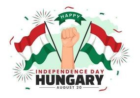 gelukkig Hongarije onafhankelijkheid dag vector illustratie met Hongaars golvend vlag achtergrond in nationaal vakantie vlak tekenfilm hand- getrokken Sjablonen