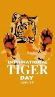 Internationale tijger dag Aan juli 29. schattig tijger met een groot hoofd en poten is staan. portret van een tijger. geschikt voor het drukken Aan ansichtkaarten, spandoeken, flyers. de gezicht van een schattig, kalmte tijger Aan oranje vector