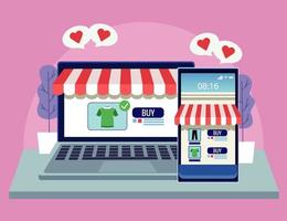 online winkeltechnologie in smartphone en laptop met hartjes vector