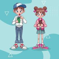 jonge tieners koppel met smartphone en cupcake anime karakters vector