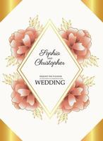 huwelijksuitnodigingskaart met gouden diamanten frame en rode bloemen vector
