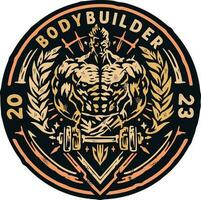 een logo voor een bodybuilder met een goud cirkel en een Mens met een barbell vector