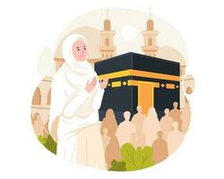 Islamitisch hadj bedevaart. een moslim vrouw draagt ihram kleren met een kaaba achtergrond. vector illustratie in vlak stijl
