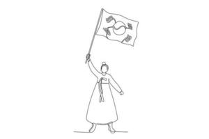 een vrouw vervelend een hanbok Holding een Koreaans vlag vector