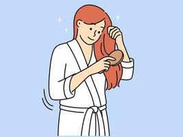 gelukkig jong vrouw in badjas poetsen haar- Doen dagelijks schoonheid procedures. glimlachen meisje nemen zorg van haarzelf krijgen klaar in badkamer. vector illustratie.