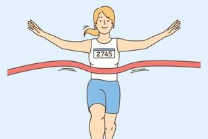 gelukkig vrouw atleet in uniform kruis af hebben lijn vieren succes. glimlachen vrouw loper of jogger voelen opgewonden winnen marathon of wedstrijd. vector illustratie.